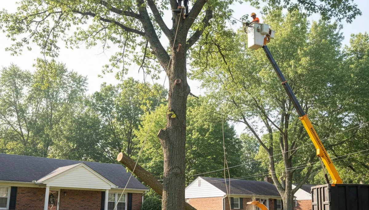 Professional arborists performing safe residential tree removal with bucket truck in Allentown, PA