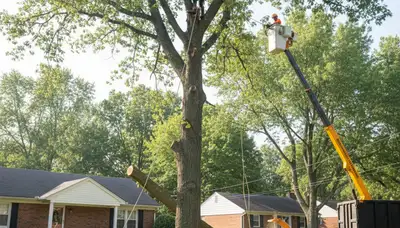 Professional arborists performing safe residential tree removal with bucket truck in Allentown, PA