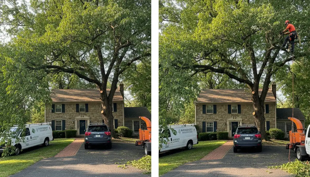 Arborist performing canopy lift tree trimming for improved clearance on an Allentown PA residential property