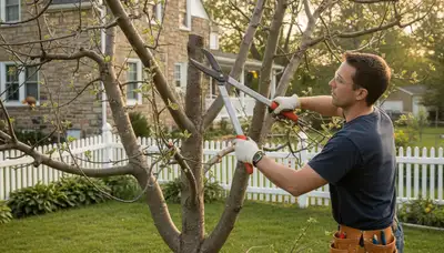 Certified arborist pruning fruit tree for better yield in Allentown PA backyard orchard