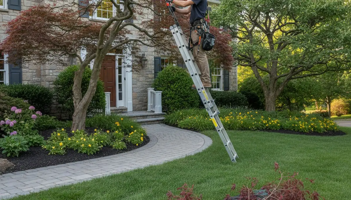 Certified arborist hand pruning ornamental Japanese maple in Allentown PA residential landscape