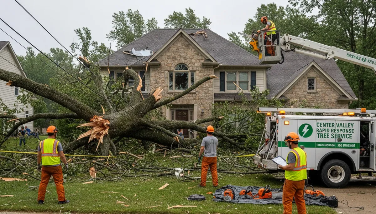 Emergency tree removal crew clearing storm damage for homeowners in Center Valley, PA near Allentown