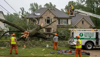 Emergency tree removal crew clearing storm damage for homeowners in Center Valley, PA near Allentown