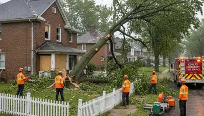 Emergency tree removal crew clearing storm-damaged trees in Coplay near Allentown, PA homes