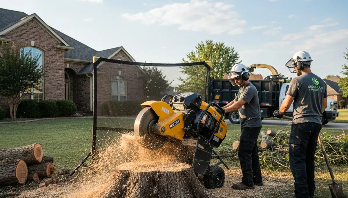 Arborists performing stump removal in Allentown, PA yard with professional grinding equipment