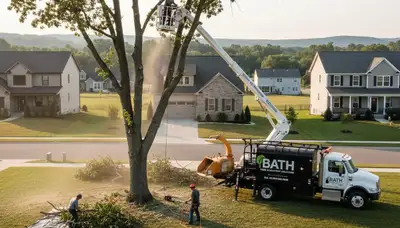 Professional tree removal service team in Allentown PA safely cutting large oak tree