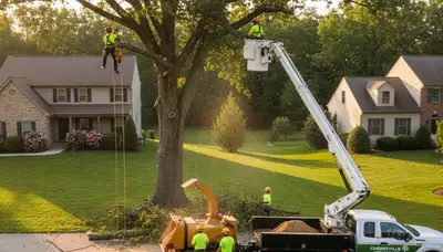 Professional tree removal service in Allentown PA safely cutting and clearing large backyard trees