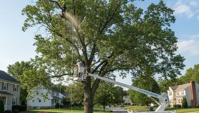Professional tree removal service team in Allentown, PA safely cutting large backyard tree