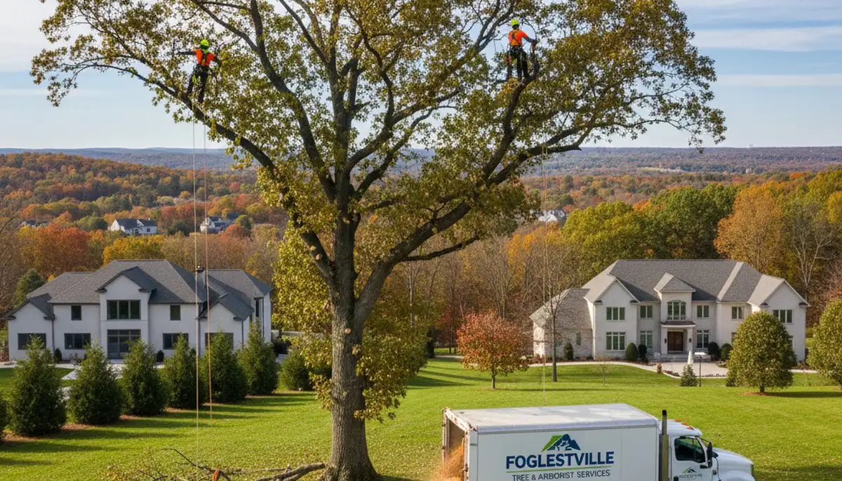 Professional tree removal service crew in Allentown, PA cutting and clearing large trees safely