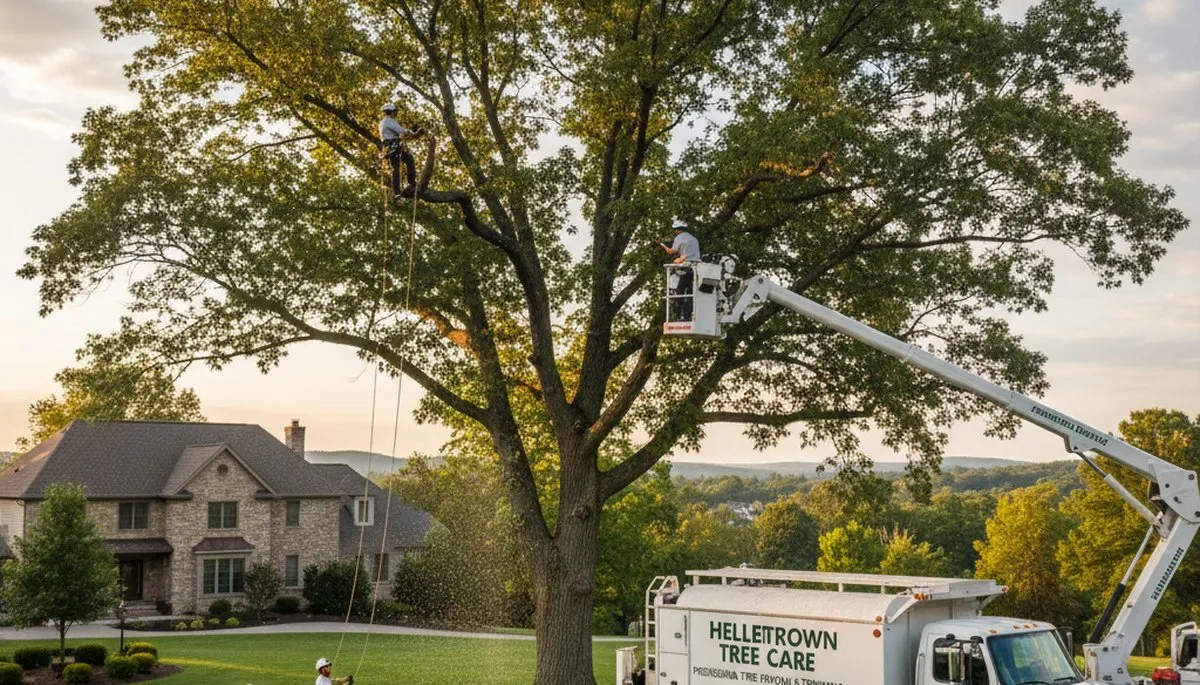 Professional tree removal service crew in Allentown PA safely cutting and clearing large oak tree