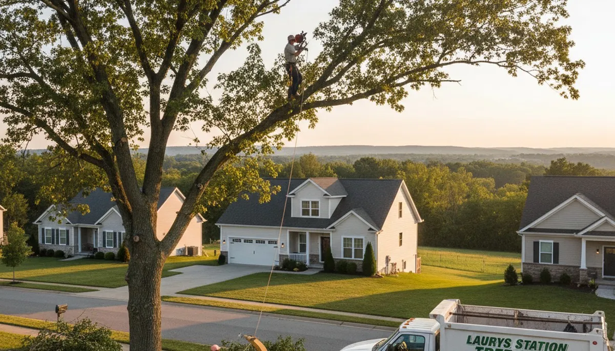 Professional tree removal service crew in Allentown, PA safely cutting and clearing large oak tree