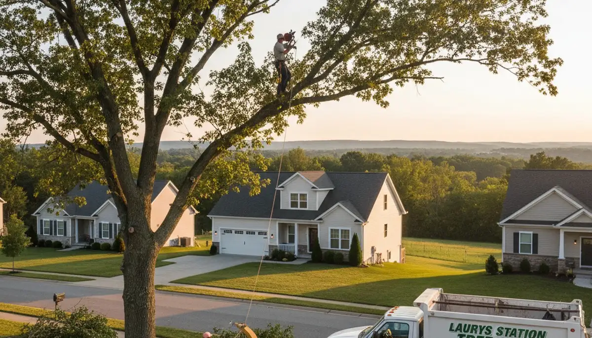 Professional tree removal service crew in Allentown, PA safely cutting and clearing large oak tree