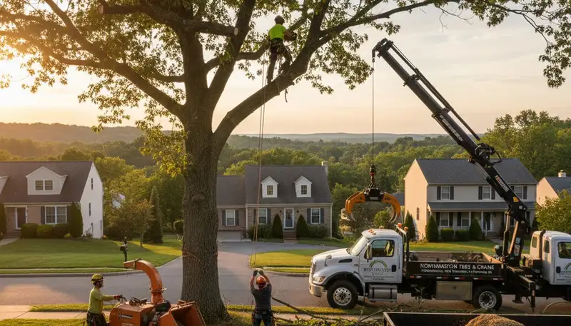 Professional tree removal service in Allentown PA safely clearing large oak near residential home