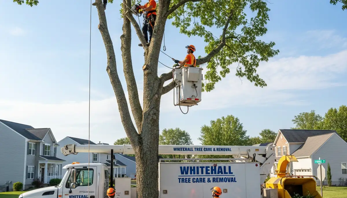 Professional tree removal service crew working safely in Allentown, PA residential neighborhood