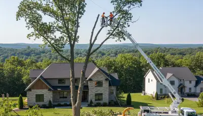 Professional tree removal service crew working safely in Allentown, PA neighborhood yard