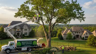 Professional tree removal service crew in Allentown PA safely cutting and clearing large oak tree